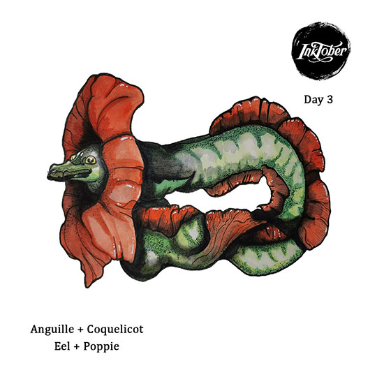 aquarelle fantastique d’une anguille fusionnée avec un coquelicot rouge et vert.