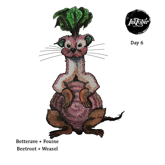 illustration aquarelle d’une fouine habillée de betterave violette et de tiges vertes.