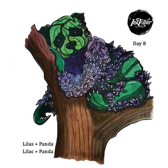 dessin aquarelle d’un panda violet composé de feuilles de lilas.