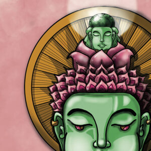 Zoom sur les trois visages superposés du masque Bouddha vert d’eau.