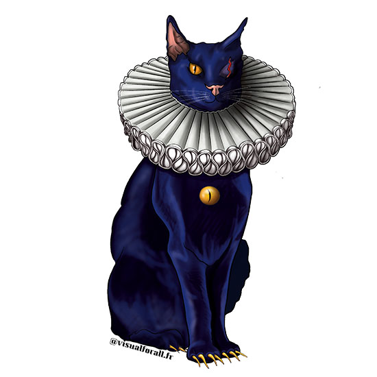 Illustration d’un chat borgne à fraise noire, avec un reflet bleu dans l’œil unique, au style baroque et mystérieux.