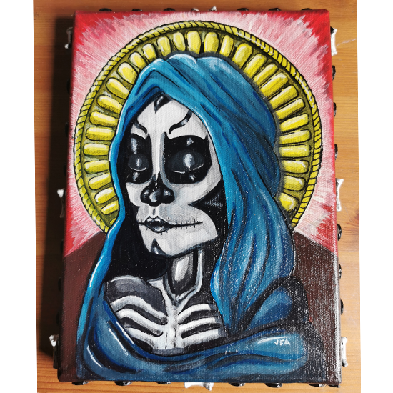 Tableau d’une nonne en prière avec un visage peint en crâne, style Dia de los Muertos, sur fond neutre.