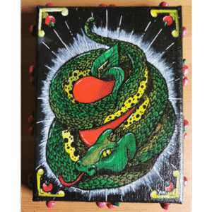 Illustration d’un serpent enroulé autour d’une pomme rouge sur fond noir, style ésotérique et biblique.