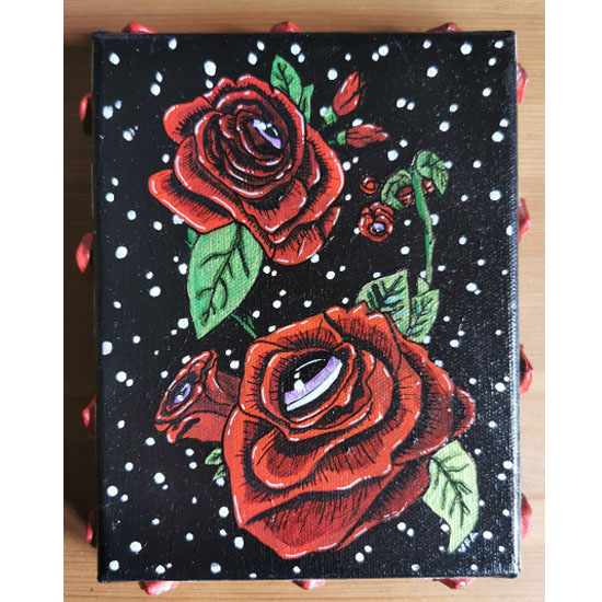 Tableau de roses noires dotées d’yeux, avec des piques, sur fond noir rayé ou à pois blancs.