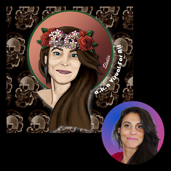 Comparaison entre une photo réelle et son portrait digital semi-réaliste avec couronne de fleurs et fond noir orné d’un motif de tête de mort