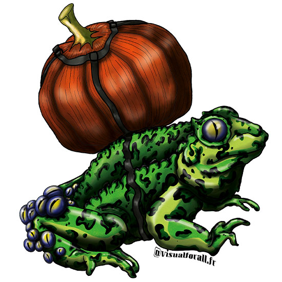 Illustration d’une grenouille fantastique aux nombreux yeux perchée sur une citrouille, aux couleurs vives et textures marquées.