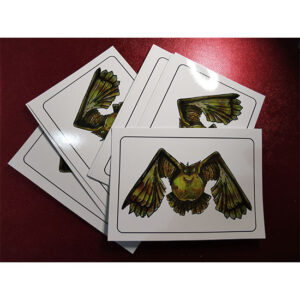 Illustration d’un hibou fantastique dont le corps évoque une poire, imprimé sur carte postale artistique brillante.