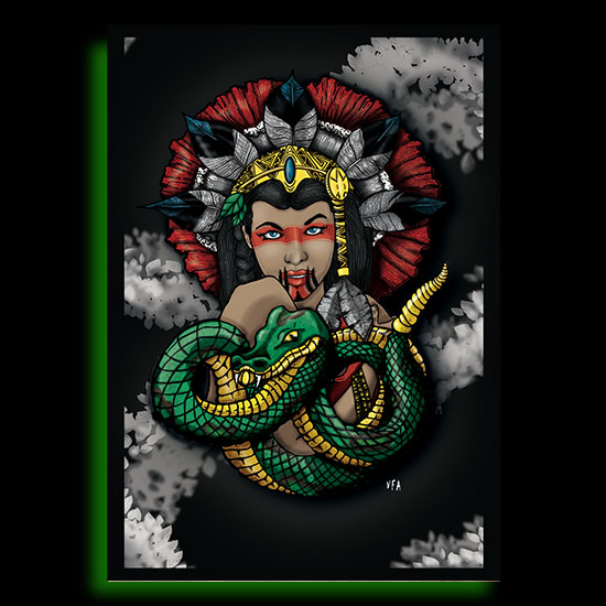 Portrait d’une femme indienne avec un serpent vert totem, plumes noires et blanches, couleurs sombres et regard rouge.