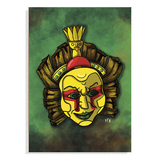Masque doré du dieu maya du soleil avec des yeux maquillés de rouge