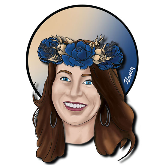 Portrait semi-réaliste de Nancy avec une couronne de fleurs bleues sur fond clair