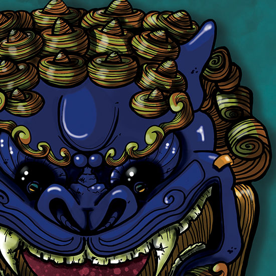 Détail du masque Chien Pho chinois, reflets métalliques bleus.