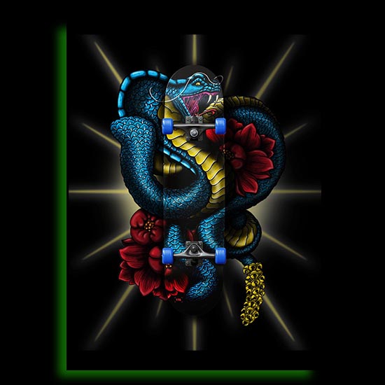 Illustration d’un serpent à sonnette bleu métallique avec pivoines rouges et orangées, gueule ouverte et membrane déchirée – style tattoo néo-trad, année du Dragon 2025