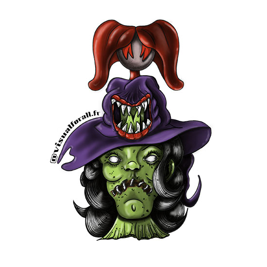 Illustration d’une tête réduite de sorcière à la peau verte, bouche cousue, chapeau violet et nœud rouge, suspendue comme une décoration d’Halloween.
