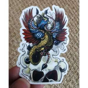 Sticker représentant un crâne surmonté d’un phoenix rouge et or.