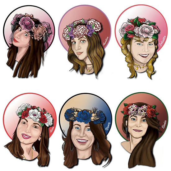 Portraits semi-réalistes de 6 femmes avec des couronnes de fleurs personnalisées et des cercles colorés assortis