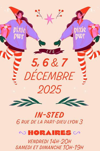 Affiche du marché de Noël « Les Mains de Noël » à In-Sted, Lyon, indiquant les dates 5, 6 et 7 décembre 2025, avec un design festif et des coloris de saison.