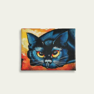 Mini-tableau peint à la main représentant un chat bleu fantaisiste aux couleurs braise, regard songeur, style onirique.
