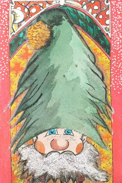 Aquarelle représentant un sapin de Noël stylisé en Père Noël, illustré à la main, dans un style festif et coloré.