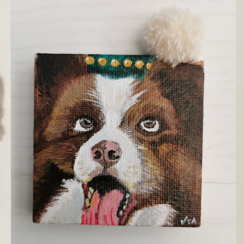 Berger australien trois red , mini tableau acrylique, expressif du chien marron avec son bonnet à grelot et son pompon.
