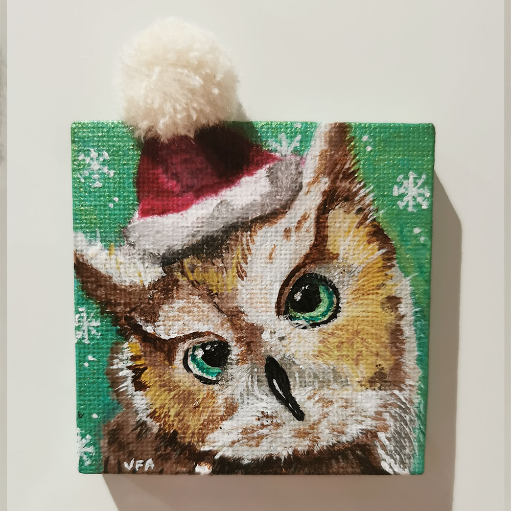 hibou avec un bonnet de Noël fond vert et flocon