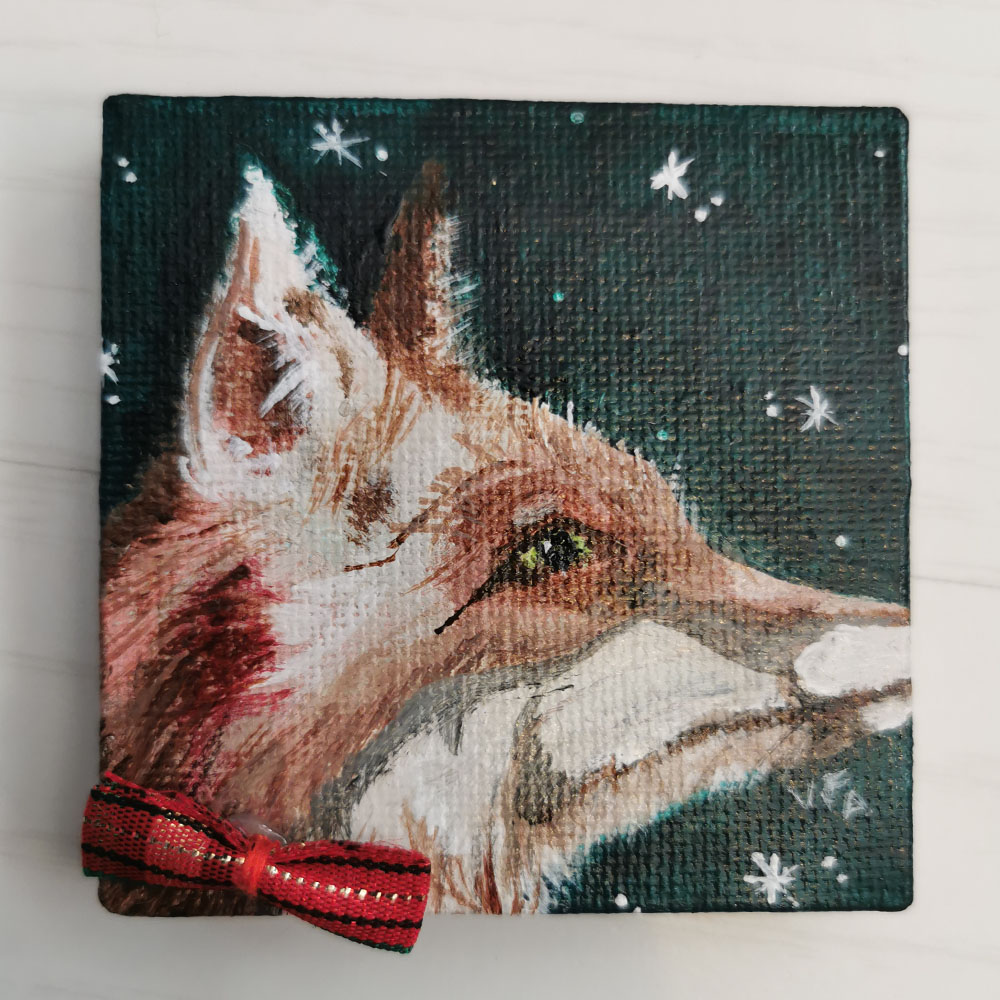 Renard sur toile acrylique avec un noeud papillon, mini toile
