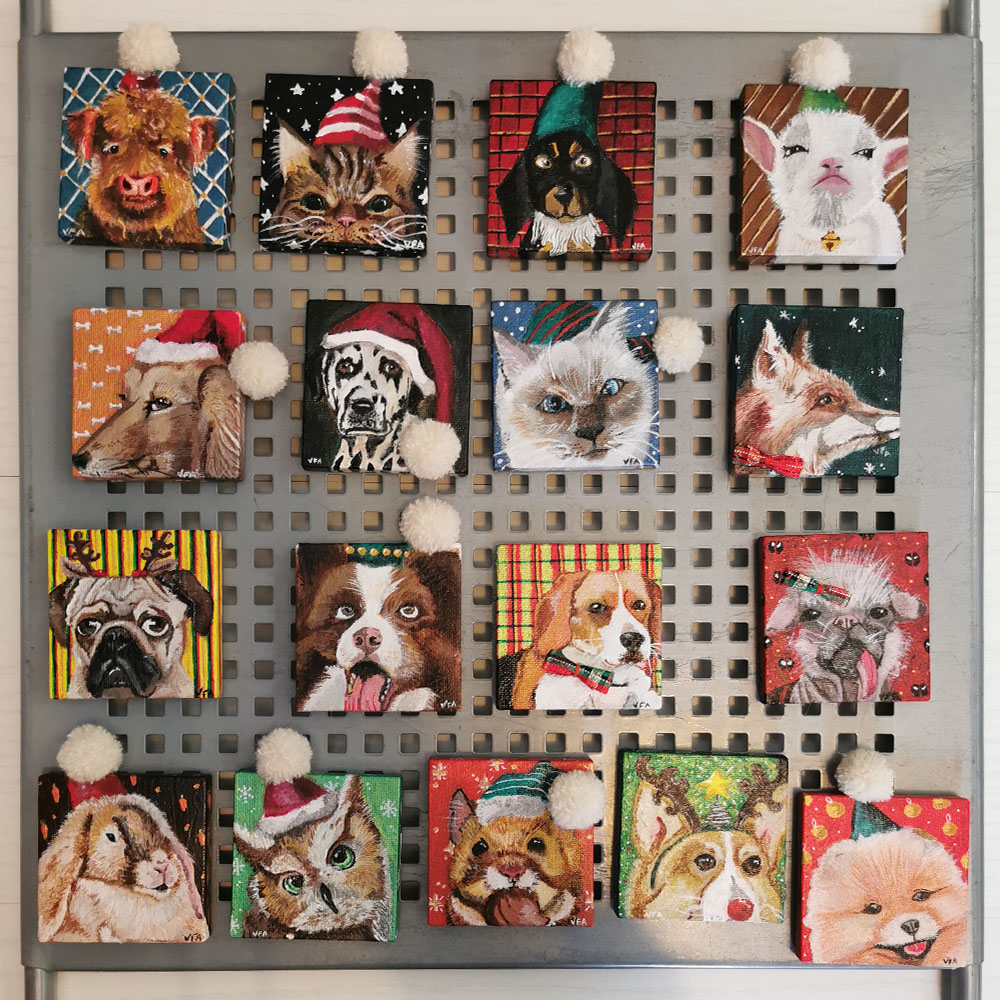 Ensemble de mini tableau acrylique animalier, de Noël. Tableaux aimantés fait à l'unité et à la main